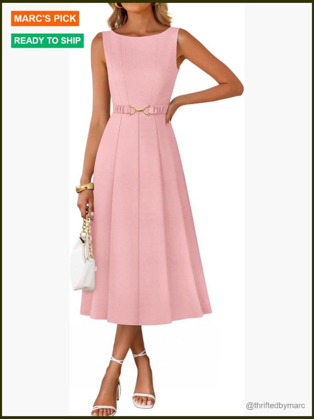 Sleeveless Boat Neck Midi Dress with Belt Pockets